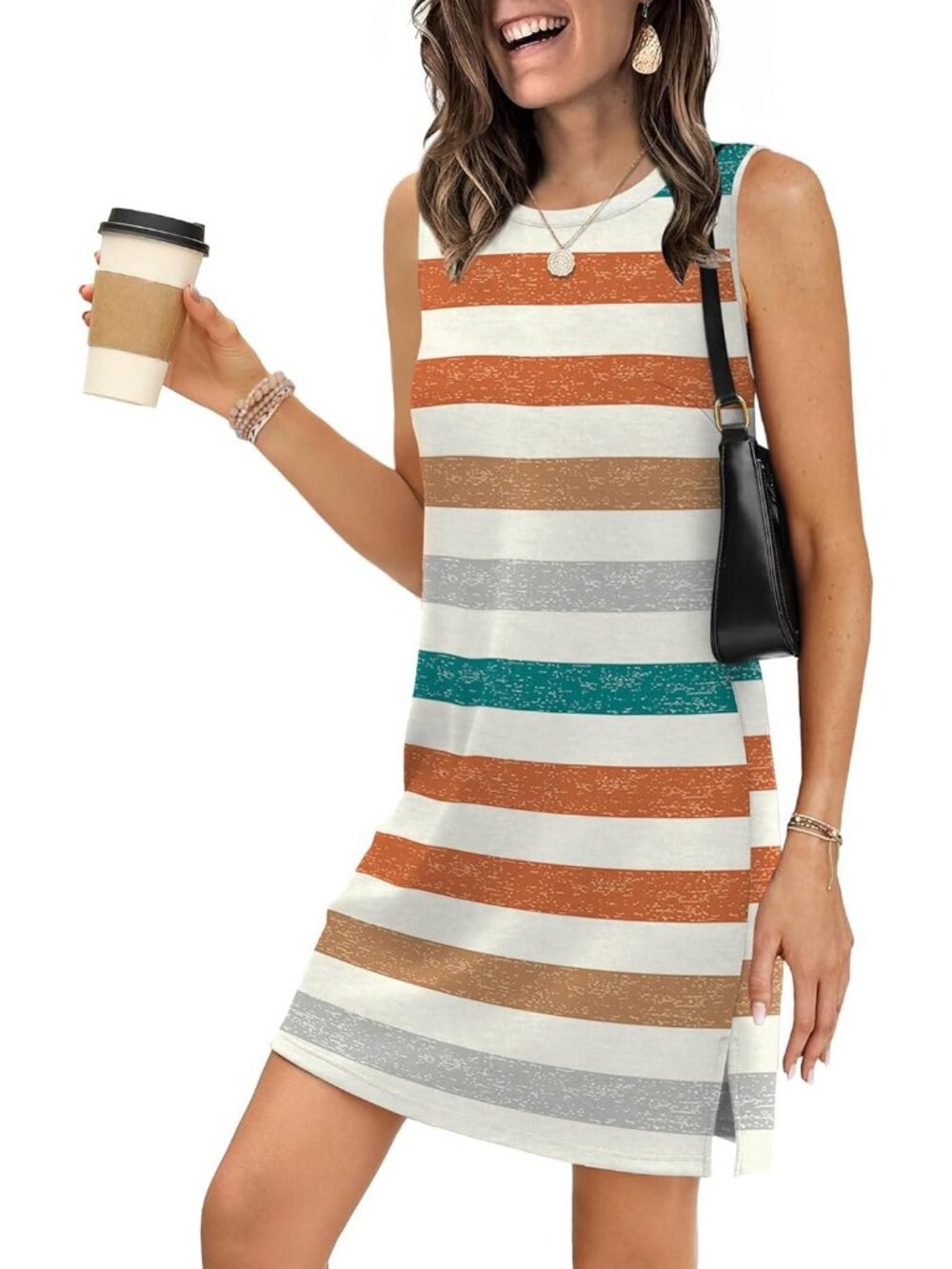 Women's Color Stripe Summer Casual Dress Crewneck Sleeveless Tank Dresses - Picture 2 of 5